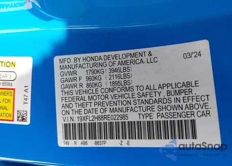 2024 Honda Civic Sport from USA, damaged, VIN 19XFL2H88RE022985